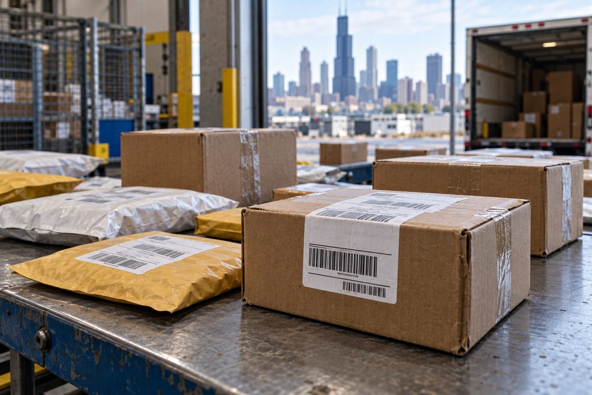 Rigid courier boxes and padded envelopes under 2 lb tagged for local Chicago delivery.
