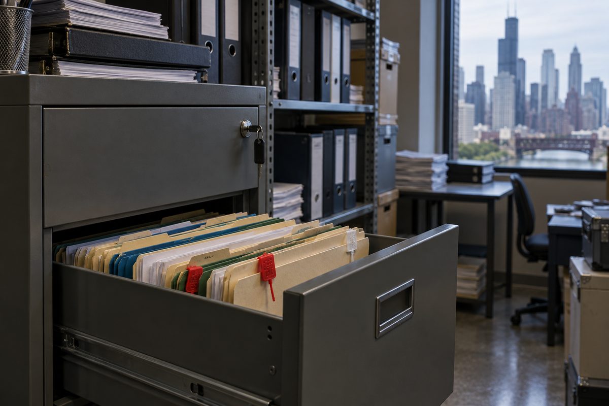 Secure client records and postal compliance archive at Trenvios Chicago desk.