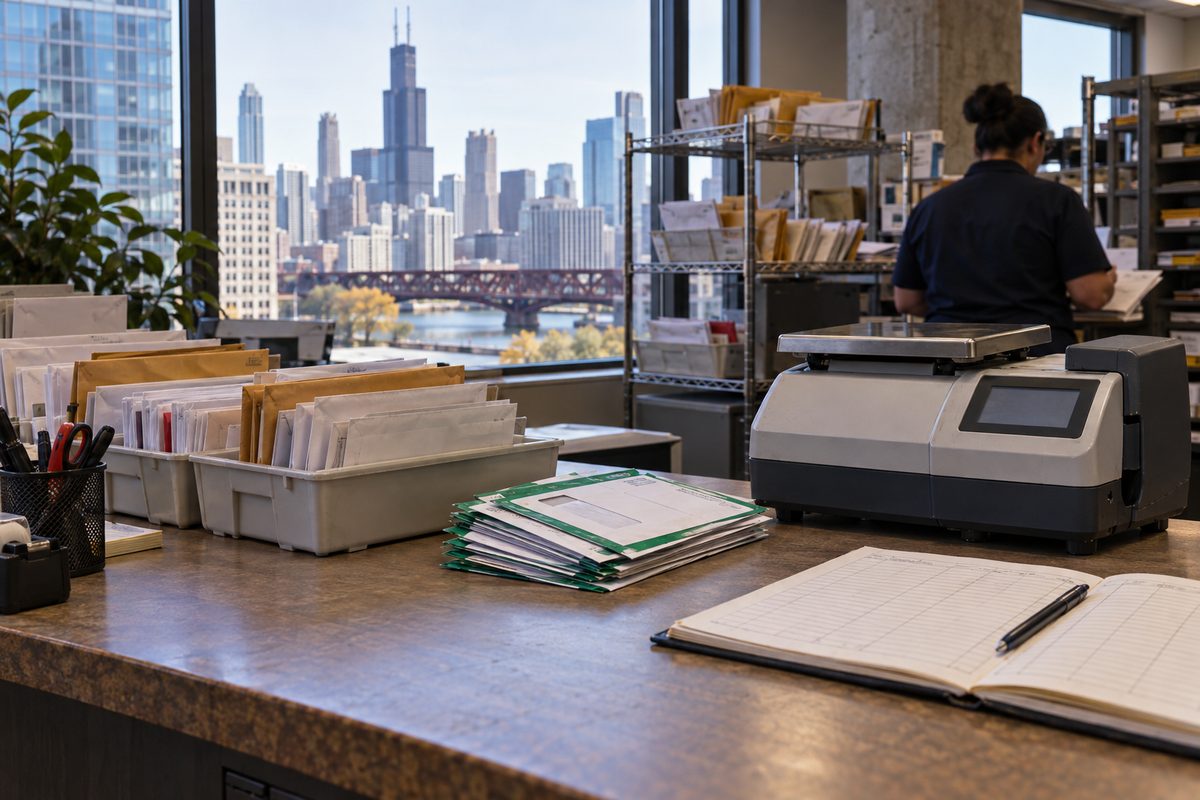 Physical mail intake desk with postal scale and intake logging records.