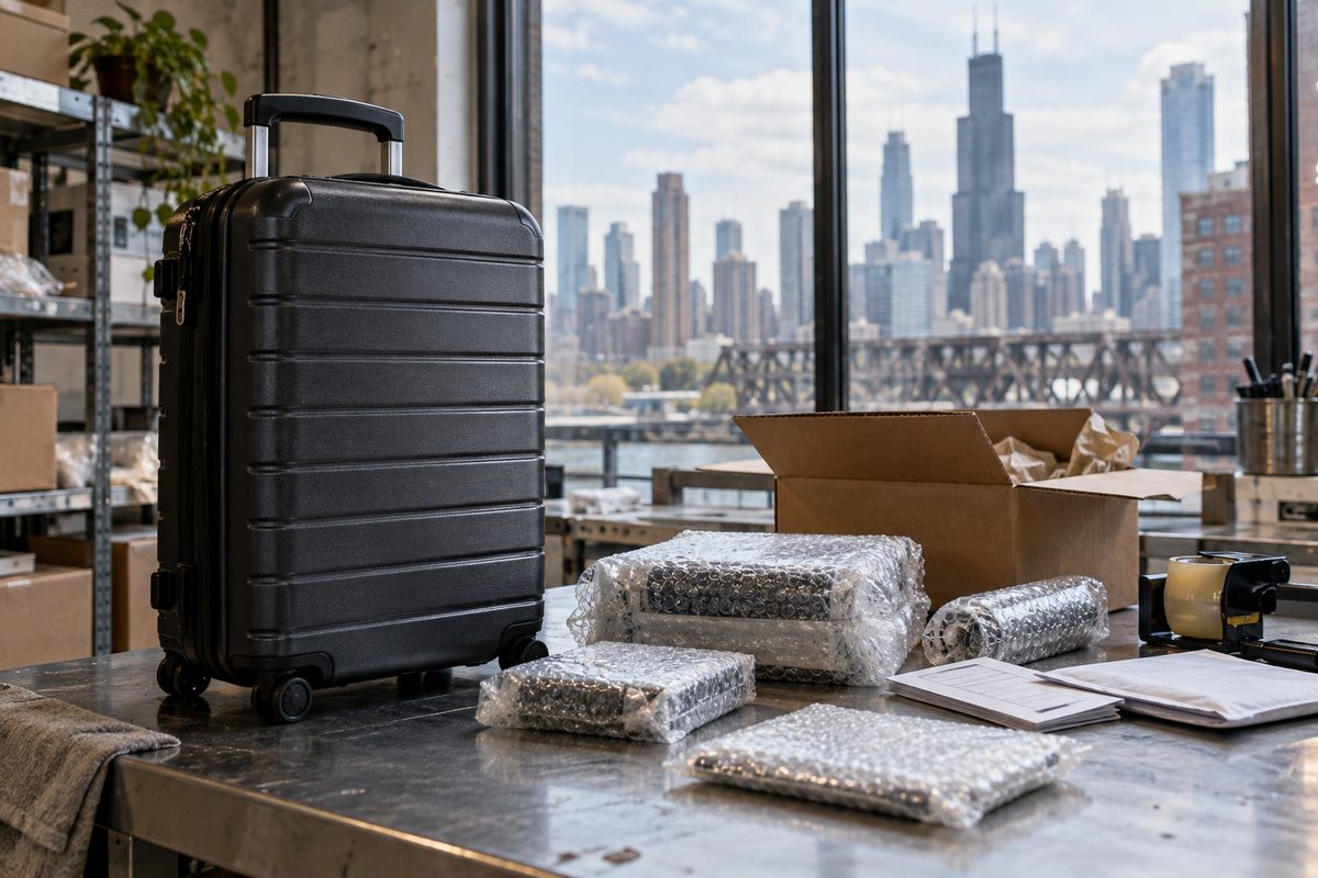 Travel-companion luggage case and secured hand-carry parcel items on inspection bench.